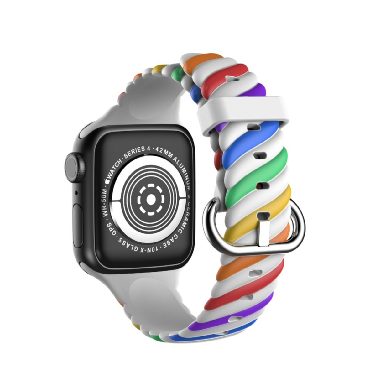 Image of (Gr. S) Apple Watch (41/40/38 mm) Silikon Armband Squirl (Gelenkumfang: 152-223mm) - Weiss / Regenbogen (Pride) bei Apfelkiste.ch