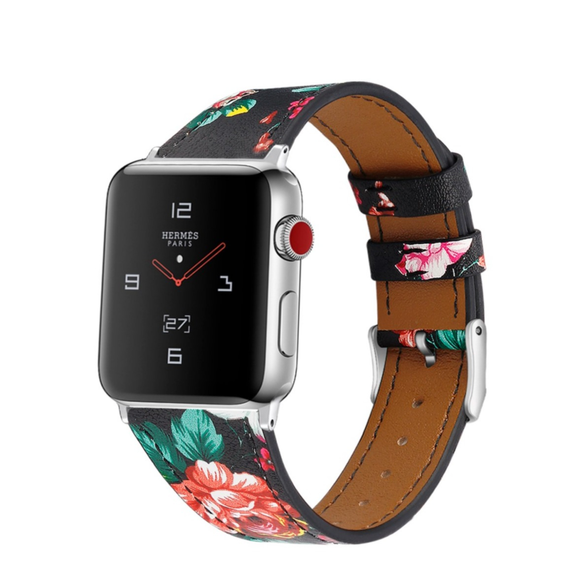 Image of Apple Watch (41/40/38 mm) Ersatz Echtleder Armband (Gelenkumfang: 165-220mm) - Rote Blumen bei Apfelkiste.ch