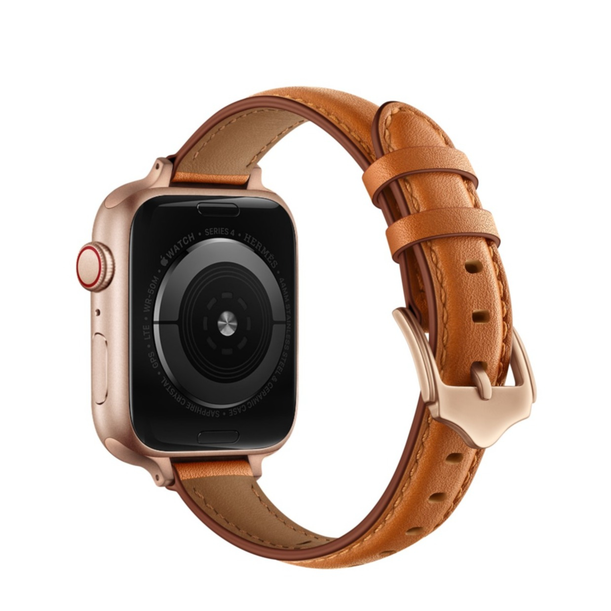 Image of (Gr. M) Apple Watch (45/44/42 mm) Echtleder Ersatz Armband mit Dornschliesse (Gelenkumfang 160-226 mm) - Braun / Roségold bei Apfelkiste.ch