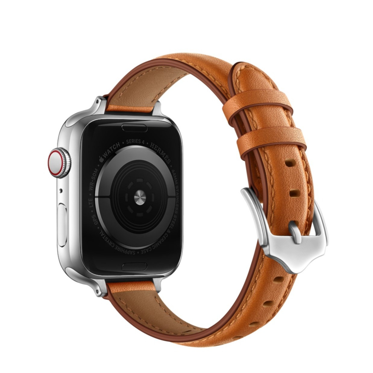 Image of (Gr. M) Apple Watch (45/44/42 mm) Echtleder Ersatz Armband mit Dornschliesse (Gelenkumfang 160-226 mm) - Braun / Silber bei Apfelkiste.ch