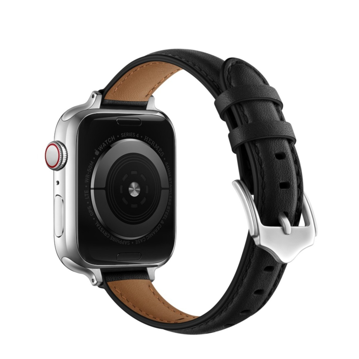 Image of (Gr. M) Apple Watch (45/44/42 mm) Echtleder Ersatz Armband mit Dornschliesse (Gelenkumfang 160-226 mm) - Schwarz / Silber bei Apfelkiste.ch