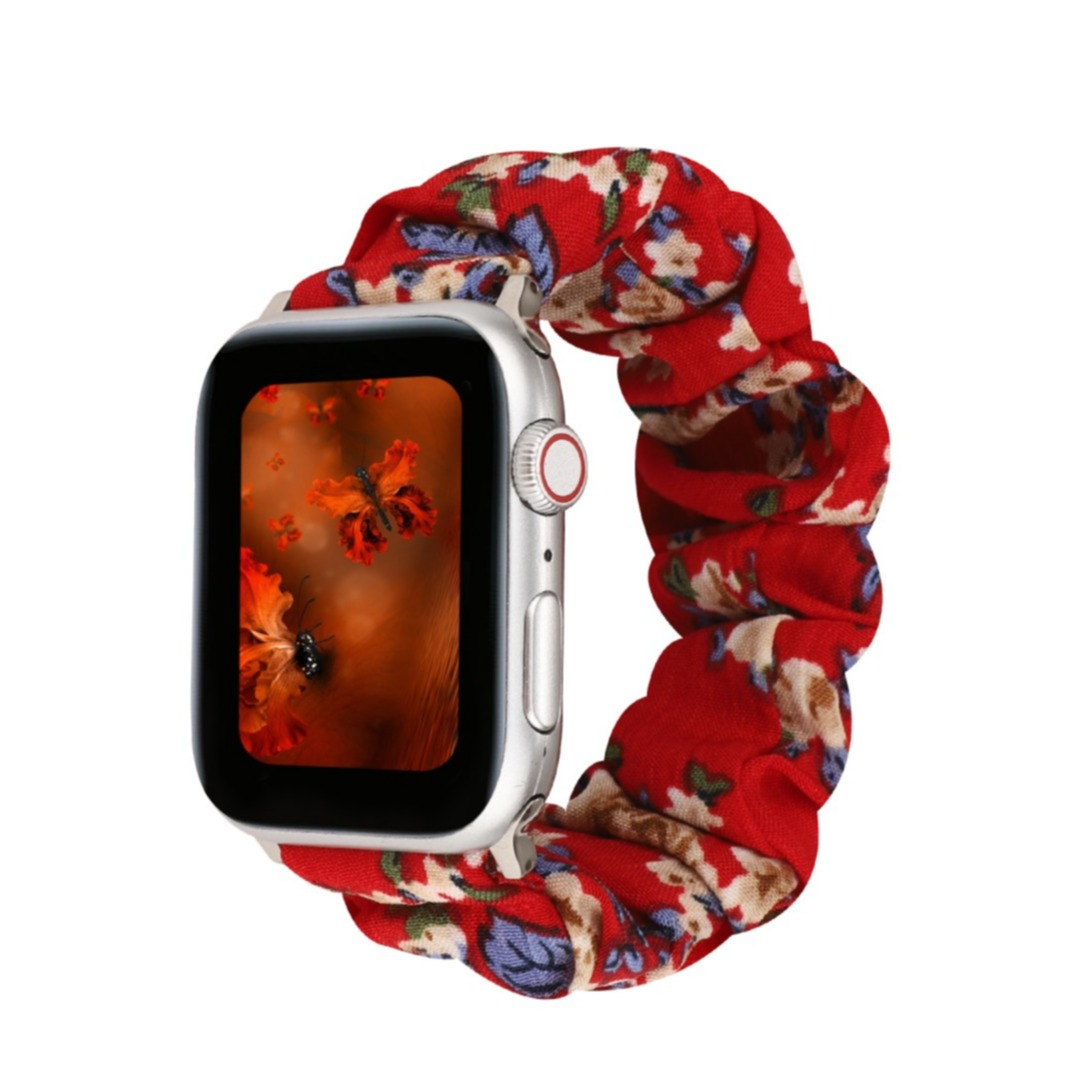Image of Apple Watch (45/44/42 mm) Stoff Ersatz Armband Scrunchie (Gelenkumfang: 175-230mm) - Rot (Blumen) bei Apfelkiste.ch