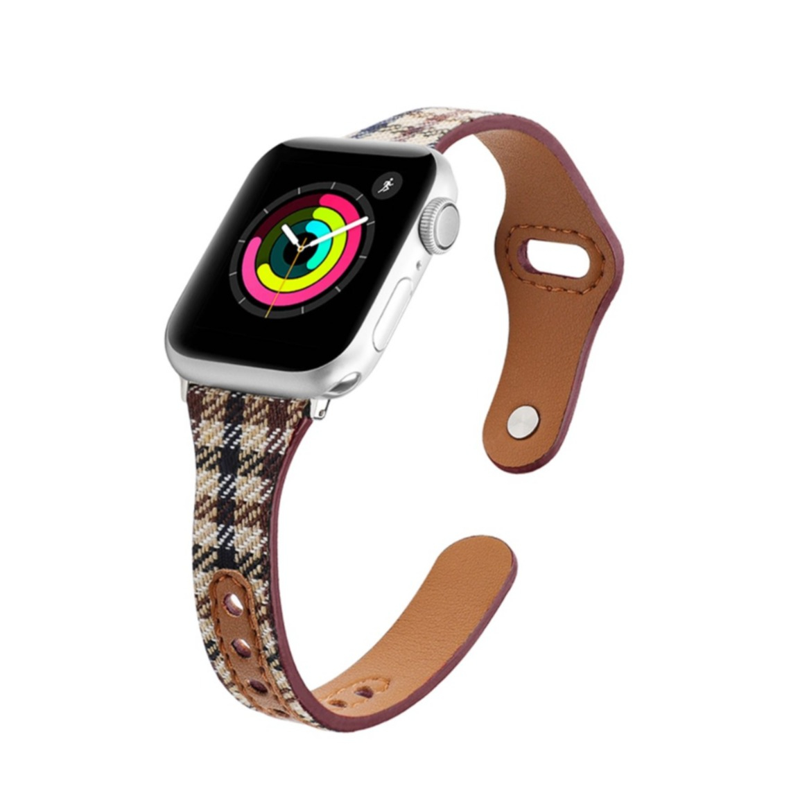 Image of (Gr. L) Apple Watch (45/44/42 mm) Stoff Armband mit Dornschliesse + Lederschnalle (Gelenkumfang 172-212mm) - Braun / Weiss bei Apfelkiste.ch