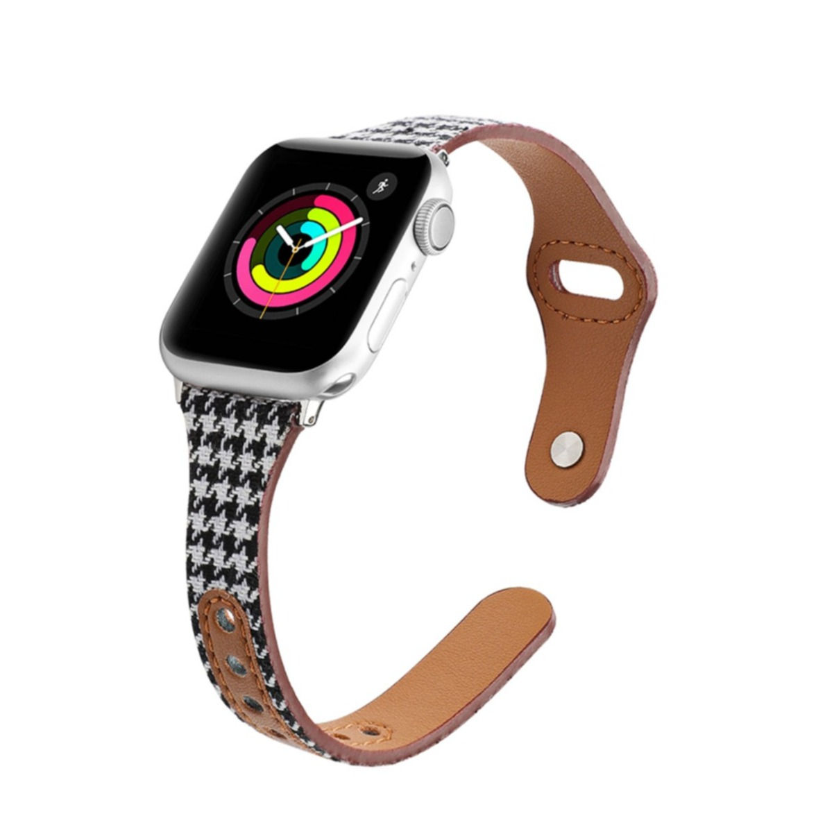 Image of (Gr. L) Apple Watch (45/44/42 mm) Stoff Armband mit Dornschliesse + Lederschnalle (Gelenkumfang 172-212mm) - Schwarz / Weiss bei Apfelkiste.ch