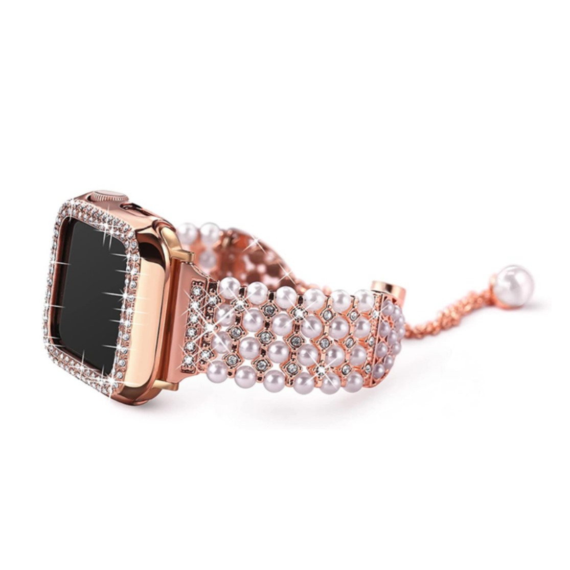 Image of Apple Watch Series 6 / 5 / 4 (40 mm) Glitzer Perlen Edelstahl Armband mit Bumper Hülle - Roségold bei Apfelkiste.ch