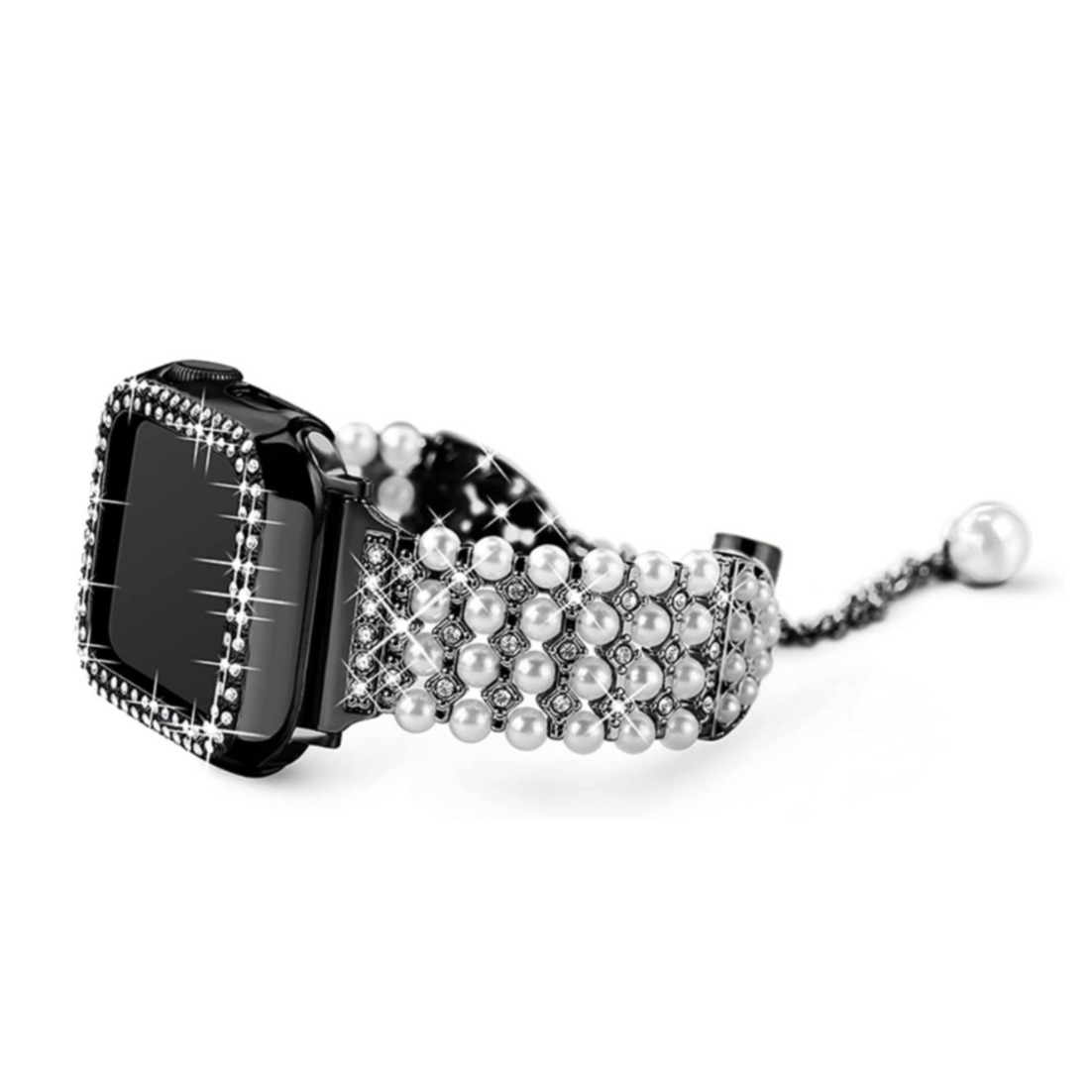 Image of Apple Watch Series 6 / 5 / 4 (40 mm) Glitzer Perlen Edelstahl Armband mit Bumper Hülle - Schwarz bei Apfelkiste.ch