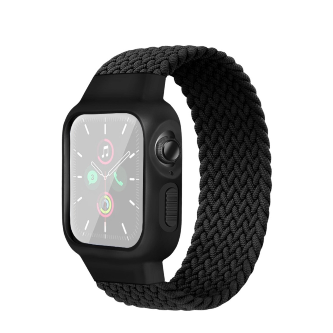 Image of (Gr. XS) Apple Watch (41/40/38 mm) Elastisches Geflochtenes Nylon Gummi Armband + Bumper (Gelenkumfang Ø 140mm) - Schwarz bei Apfelkiste.ch