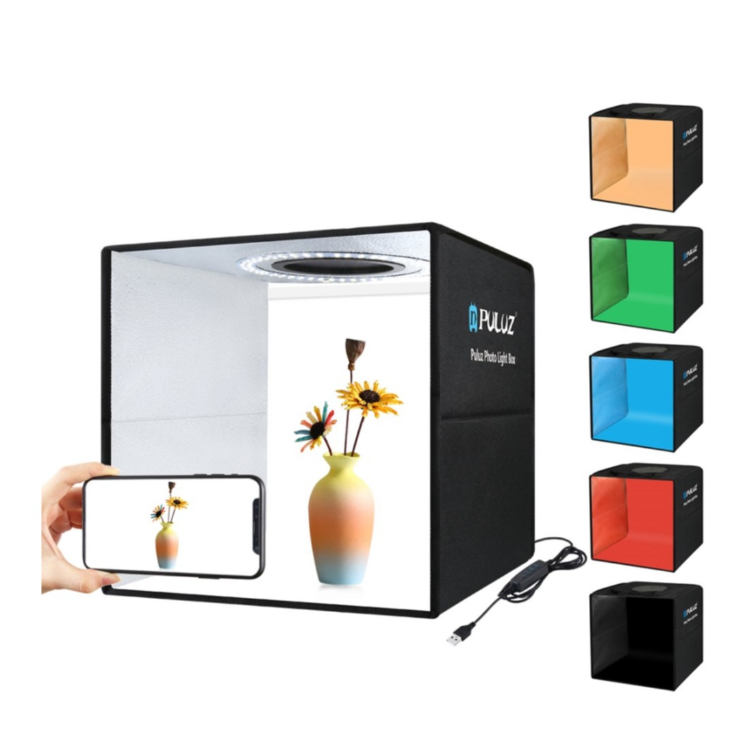 Image of Puluz - (30x30cm) Faltbares Fotozelt Fotostudio Lichtbox mit 10W LED Beleuchtung 5500K + 6 Farbige Hintergründe - Schwarz bei Apfelkiste.ch
