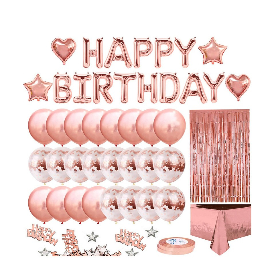 Image of (69-tlg. Set) Happy Birthday Girlande Geburtstags Party Deko + Latex- und Folienballons / Lametta Vorhang / Tischdecke / Konfetti - Roségold bei Apfelkiste.ch