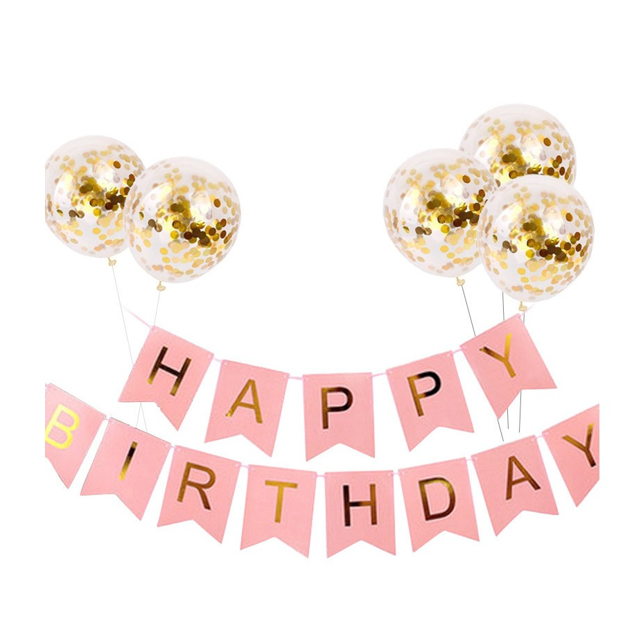 Image of (7-tlg. Set) Happy Birthday Geburtstags Girlande Party Dekoration + Latex Ballons mit Konfetti - Rosa / Gold bei Apfelkiste.ch