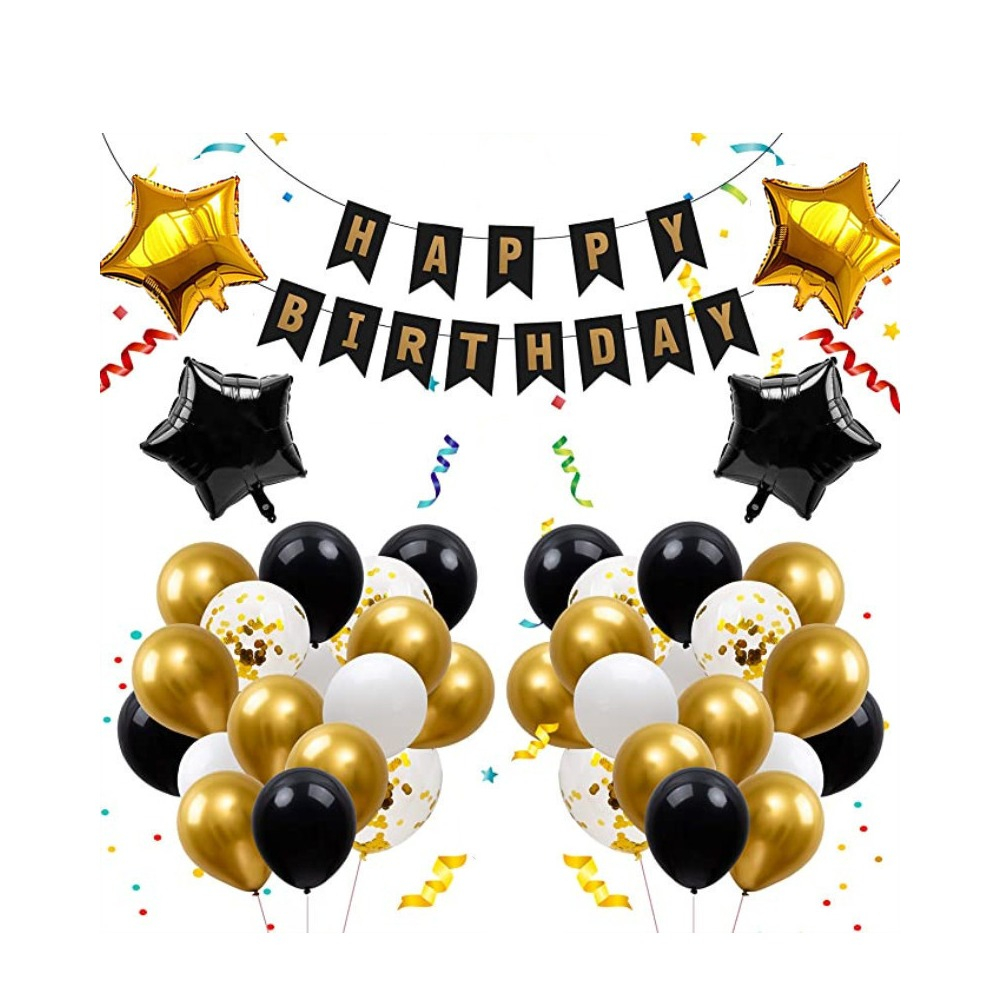 Image of (72-tlg. Set) Happy Birthday Girlande Geburtstags Party Deko + Latex- und Folienballons - Gold / Schwarz bei Apfelkiste.ch