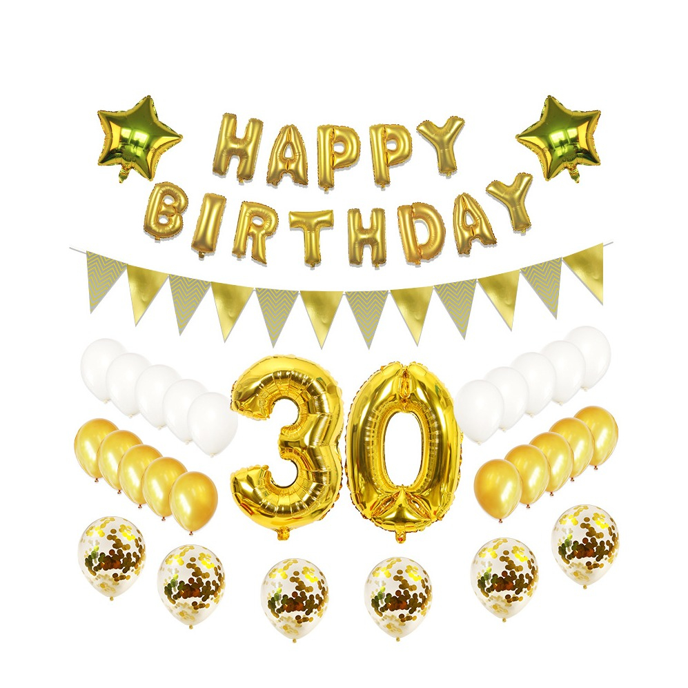Image of (79-tlg. Set) Happy Birthday Girlande 30. Geburtstag Party Deko + Latex- und Folienballons / Konfetti Ballons / Fahnen Girlande - Gold bei Apfelkiste.ch