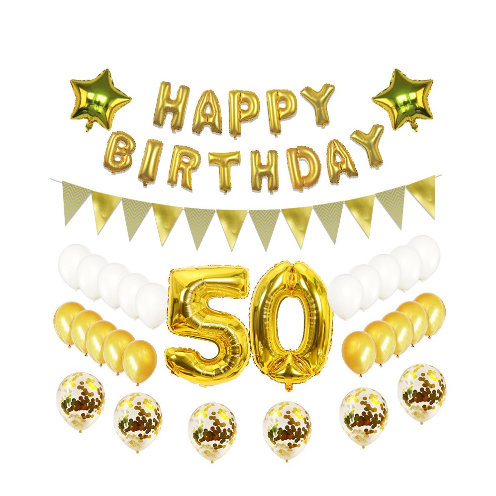 Image of (79-tlg. Set) Happy Birthday Girlande 50. Geburtstag Party Deko + Latex- und Folienballons / Konfetti Ballons / Fahnen Girlande - Gold bei Apfelkiste.ch