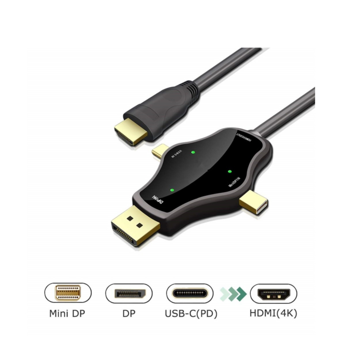 Image of (180cm) 3in1 DisplayPort DP / USB C / Mini Displayport MDP Thunderbolt auf HDMI Adapter Konverter Kabel mit vergoldeten Kontakten – Schwarz bei Apfelkiste.ch