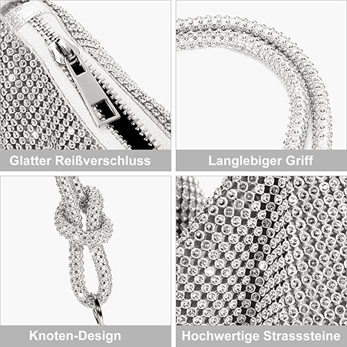 KRYMXAR Clutch Silber Glitzer - Elegante Abendtasche Mit Kette
