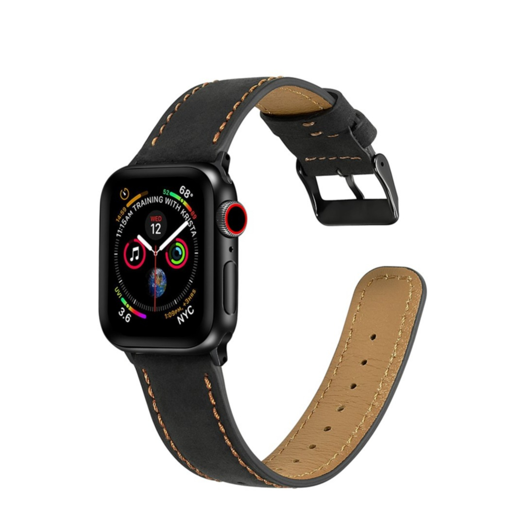 Image of Apple Watch (45/44/42 mm) Echtleder Vintage Ersatz Armband mit Dornschliesse (Gelenkumfang: 180-230mm) - Schwarz bei Apfelkiste.ch