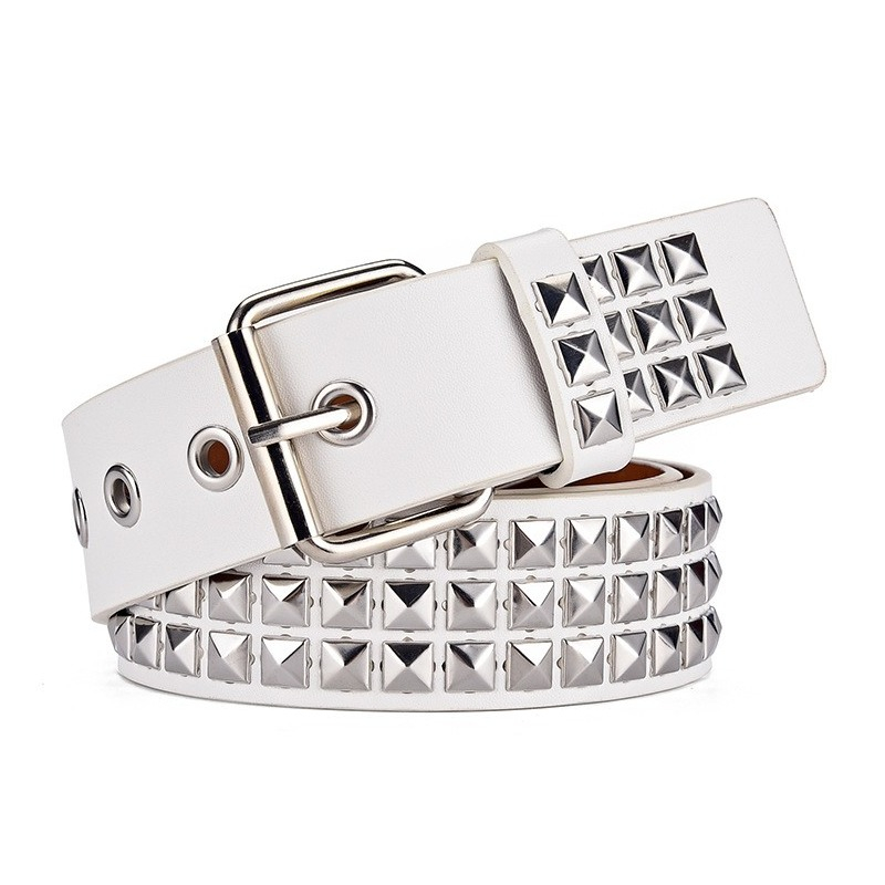 Image of (87-103cm) Leder Gürtel Pyramid Nietengürtel Accessoire mit Schnalle - Weiss / Silber bei Apfelkiste.ch