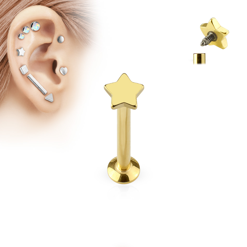 Image of (8mm) Tragus / Helix 316L Chirurgenstahl Ohr Piercing mit Gewindeverschluss Stern - Gold bei Apfelkiste.ch