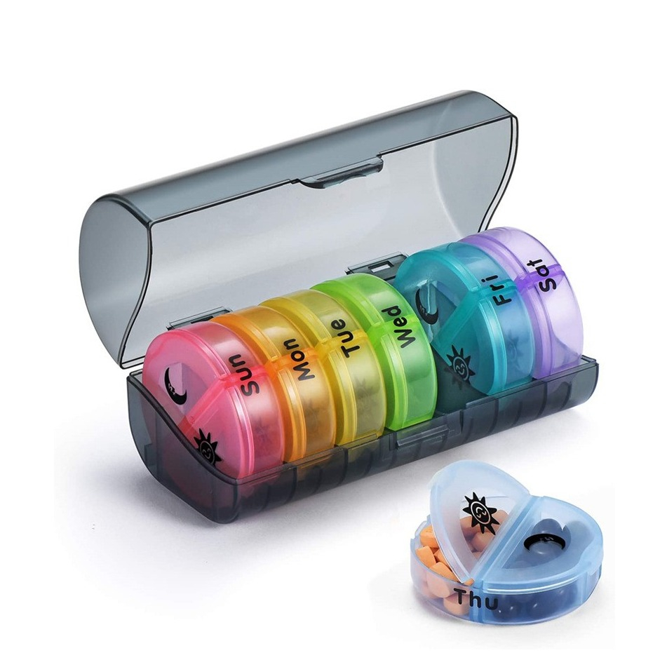 Image of (8tlg-Set) Ø6cm Medikamenten Dosierer 7 Tage Dosett Tablettenbox Pillendose für Tag und Nacht - Bunt bei Apfelkiste.ch