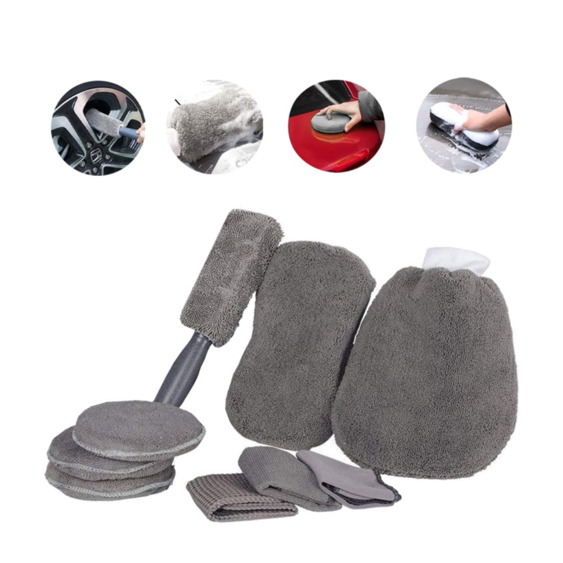 Image of (9-tlg. Set) Mikrofaser KFZ Fahrzeug Reinigungs Kit für Felgen / Karosserie / Intérieur - Grau bei Apfelkiste.ch