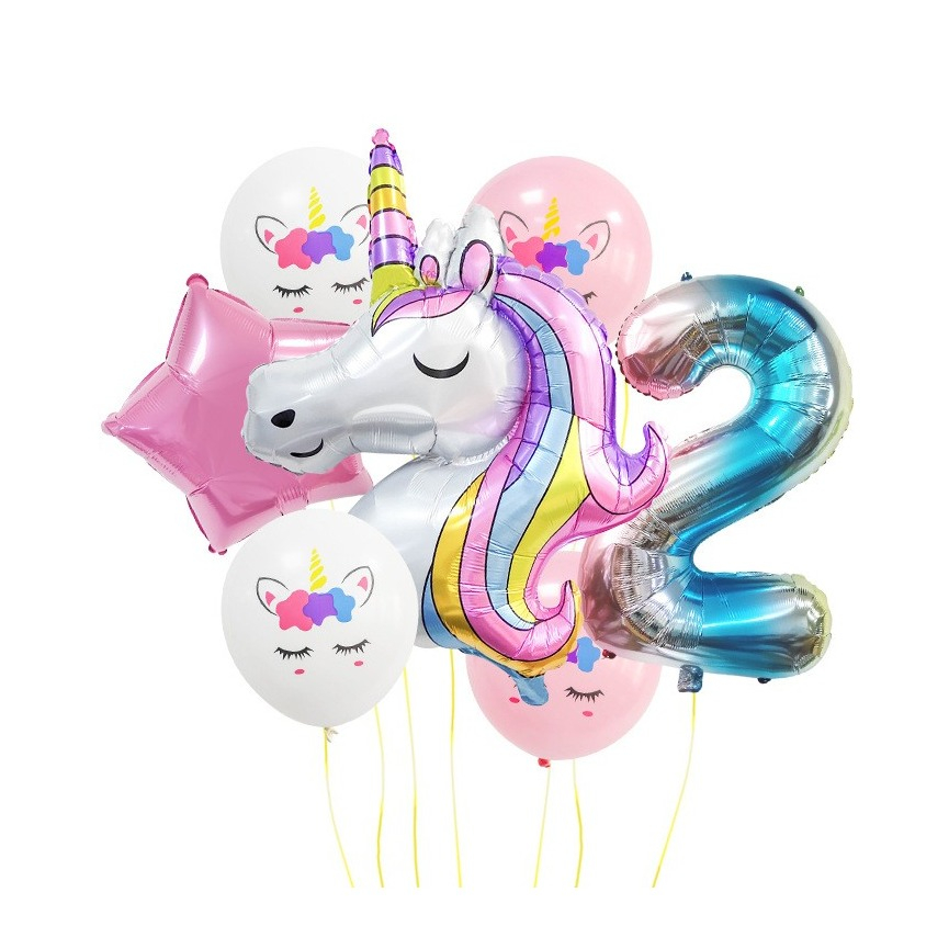 Image of (9-tlg. Set) Zahlen Ballon Geburtstags Party Luftballon Folienballon - Zahl 2 / Einhorn bei Apfelkiste.ch