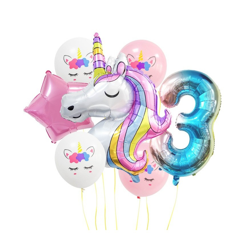 Image of (9-tlg. Set) Zahlen Ballon Geburtstags Party Luftballon Folienballon - Zahl 3 / Einhorn bei Apfelkiste.ch
