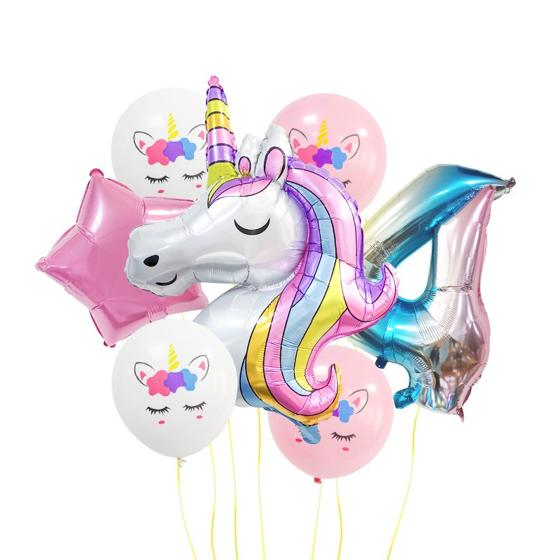 Image of (9-tlg. Set) Zahlen Ballon Geburtstags Party Luftballon Folienballon - Zahl 4 / Einhorn bei Apfelkiste.ch