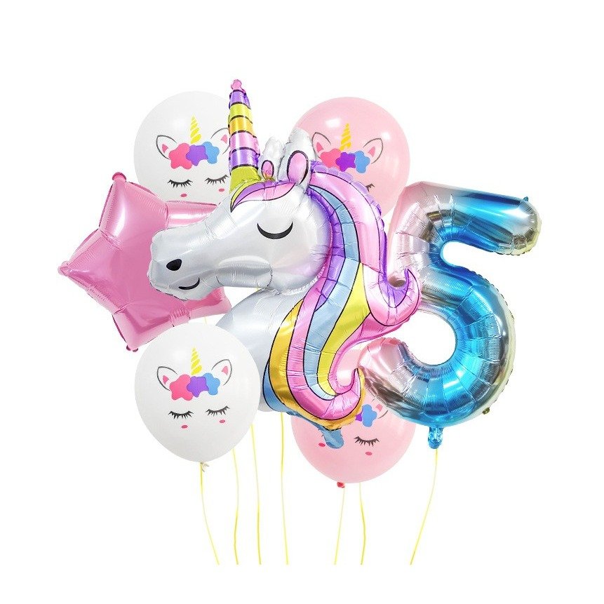 Image of (9-tlg. Set) Zahlen Ballon Geburtstags Party Luftballon Folienballon - Zahl 5 / Einhorn bei Apfelkiste.ch