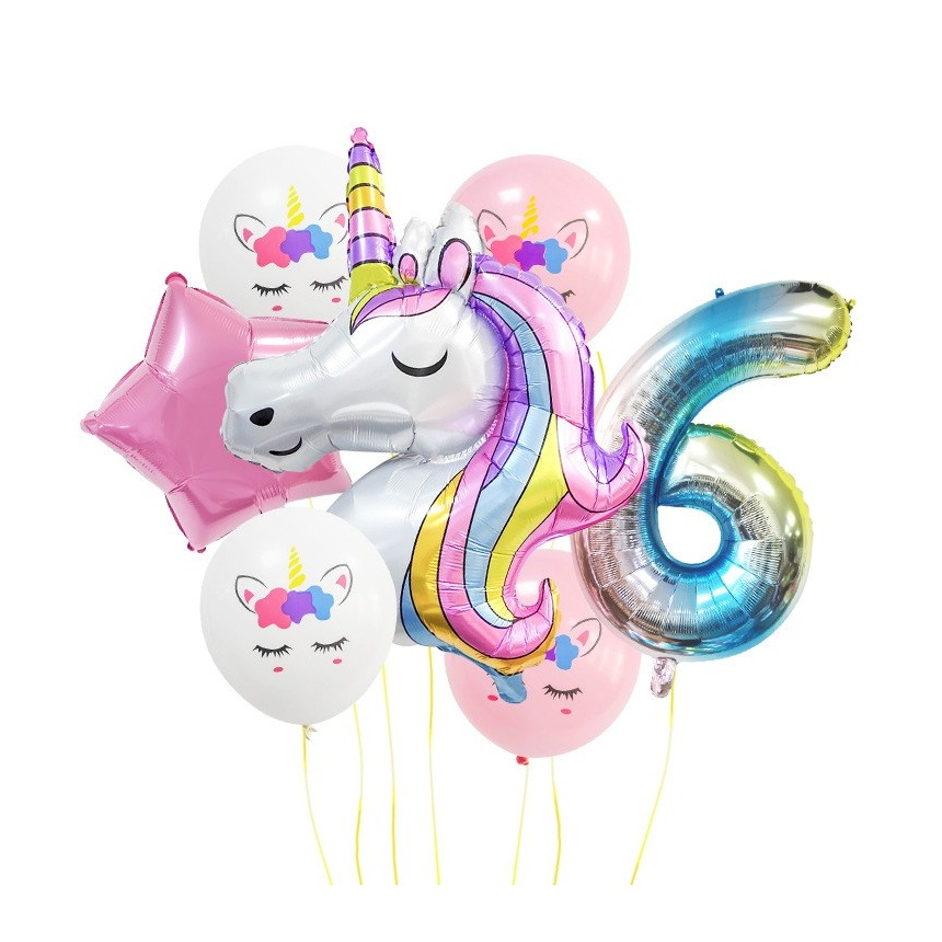 Image of (9-tlg. Set) Zahlen Ballon Geburtstags Party Luftballon Folienballon - Zahl 6 / Einhorn bei Apfelkiste.ch
