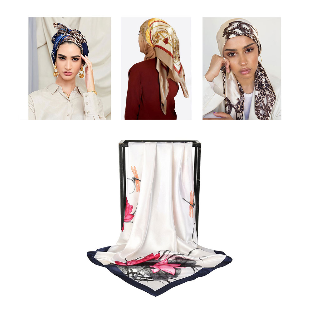 Image of (90x90cm) Satin Kopftuch Damen Schal Hijab Wickeltuch Blumen Print - Weiss bei Apfelkiste.ch