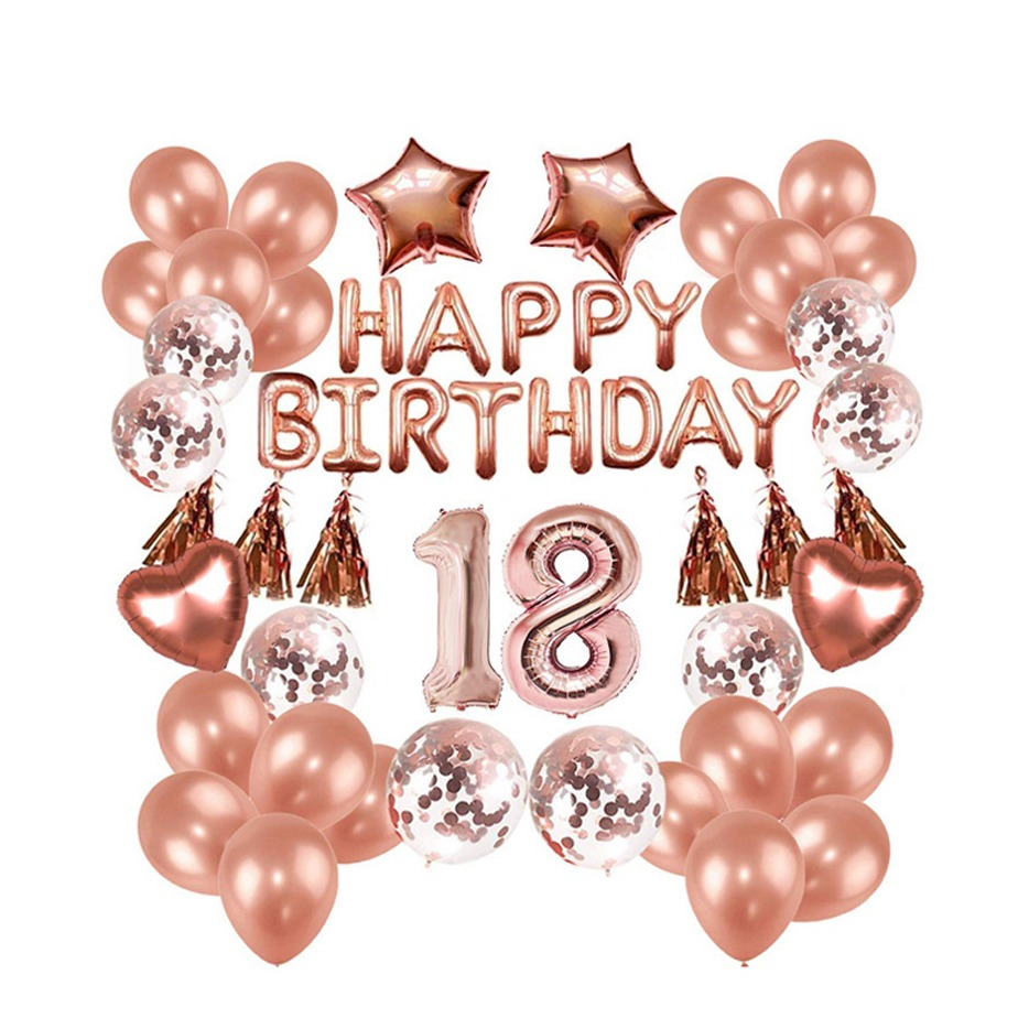Image of (94-tlg. Set) Happy Birthday Girlande 18. Geburtstag Party Deko + Latex- und Folienballons / Konfetti Ballons / Quasten Girlande - Roségold bei Apfelkiste.ch