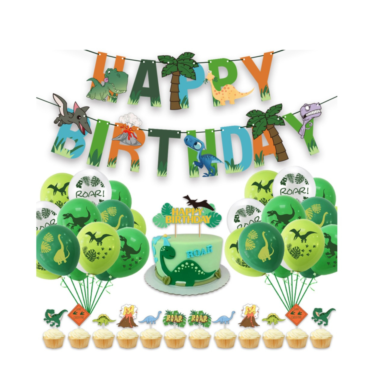 Image of (99-tlg. Set) Happy Birthday Girlande Geburtstags Party Deko Dinosaurier + Latex- und Folienballons / Kuchenstecker - Grün bei Apfelkiste.ch