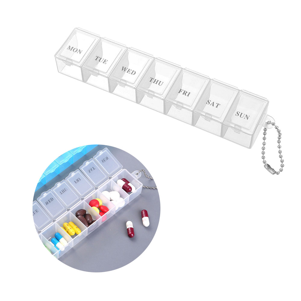 Image of (150x30mm) Medikamenten Dosierer 7 Tage Dosett Tablettenbox Pillendose + Kugelkette - Transparent bei Apfelkiste.ch
