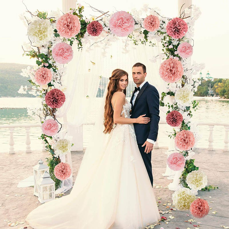 Hochzeits-Deko-Set – 12-tlg. Mit Papierlaternen & Pompons In Rosa, Für Boho-Partys & Feiern