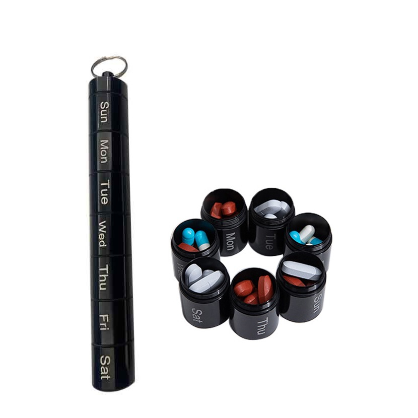 Image of (180x25mm) Metall Medikamenten Dosierer 7 Tage Dosett Tablettenbox Pillendose Schlüsselanhänger - Schwarz bei Apfelkiste.ch