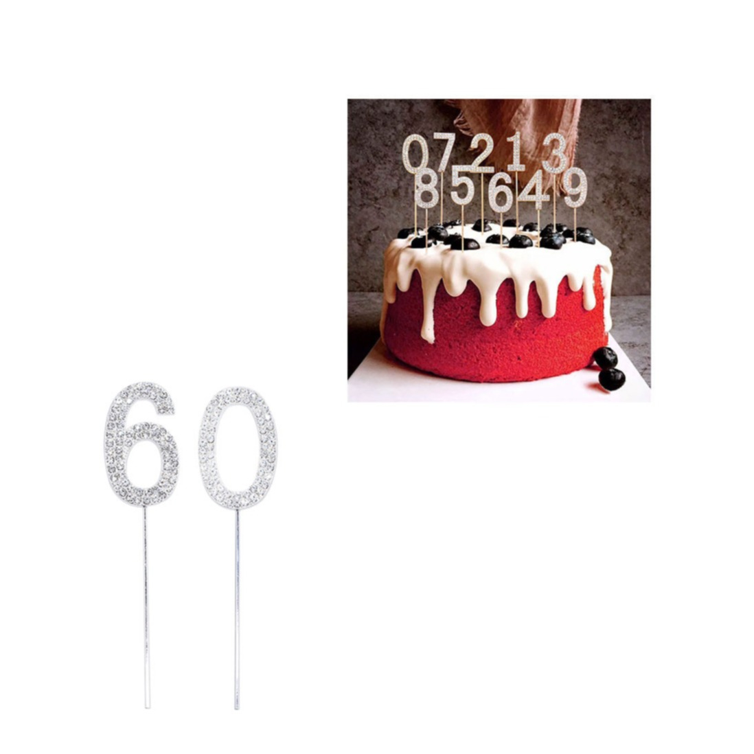 Image of (2-tlg. Set) Kuchenstecker 60. Geburtstag Metall Tortenstecker Topper Dekoration für Torten / Kuchen - Silber bei Apfelkiste.ch
