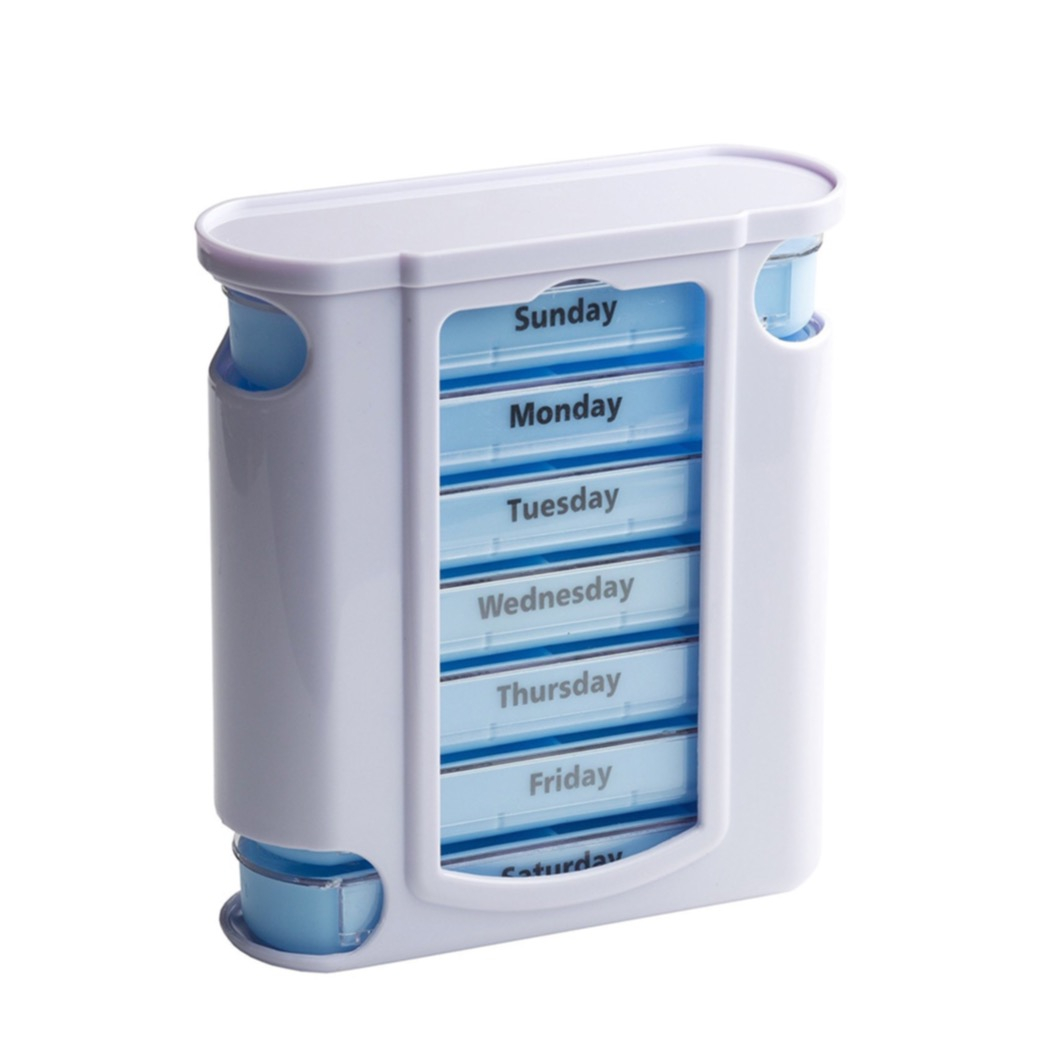 Image of (8-tlg. Set) Medikamenten Dosierer 7 Tage Dosett Tablettenbox Pillendosen + Aufbewahrungsschublade - Weiss / Blau bei Apfelkiste.ch