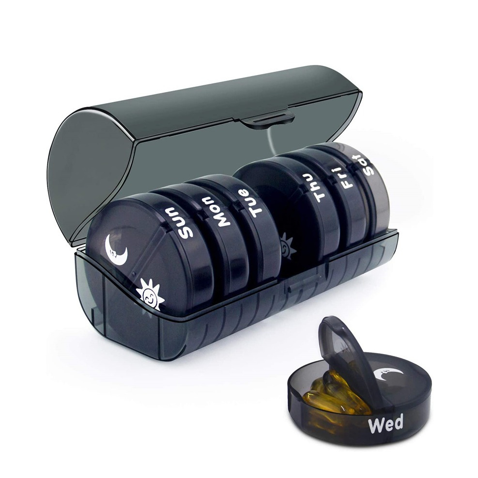 Image of (8tlg-Set) Ø6cm Medikamenten Dosierer 7 Tage Dosett Tablettenbox Pillendose für Tag und Nacht - Schwarz bei Apfelkiste.ch