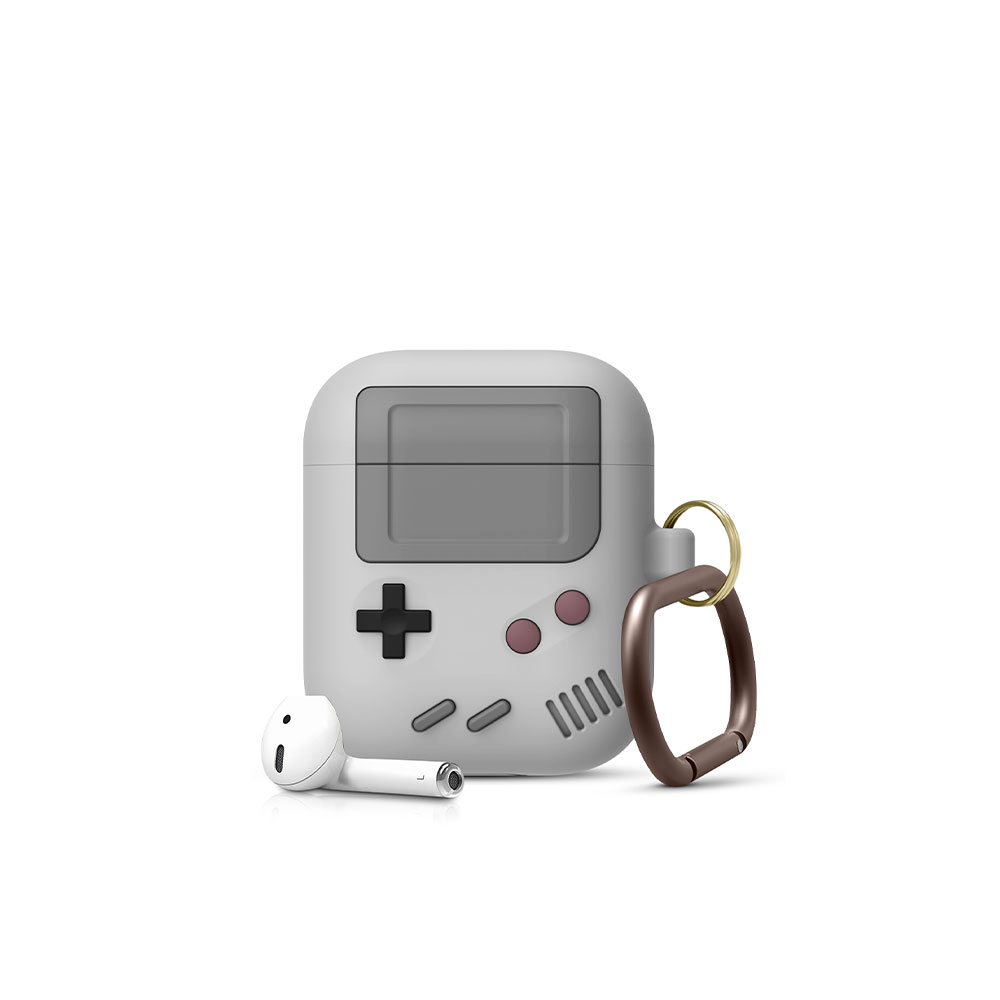 Image of AirPods (1. & 2. Generation) Gummi Schutzhülle Retro Spielekonsole Abdeckung mit Karabinerhaken - Grau bei Apfelkiste.ch