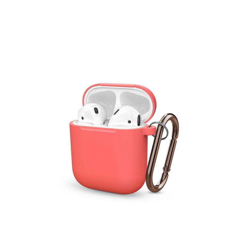 Image of AirPods (1. & 2. Generation) Gummi Schutzhülle Abdeckung mit Karabinerhaken - Coral bei Apfelkiste.ch