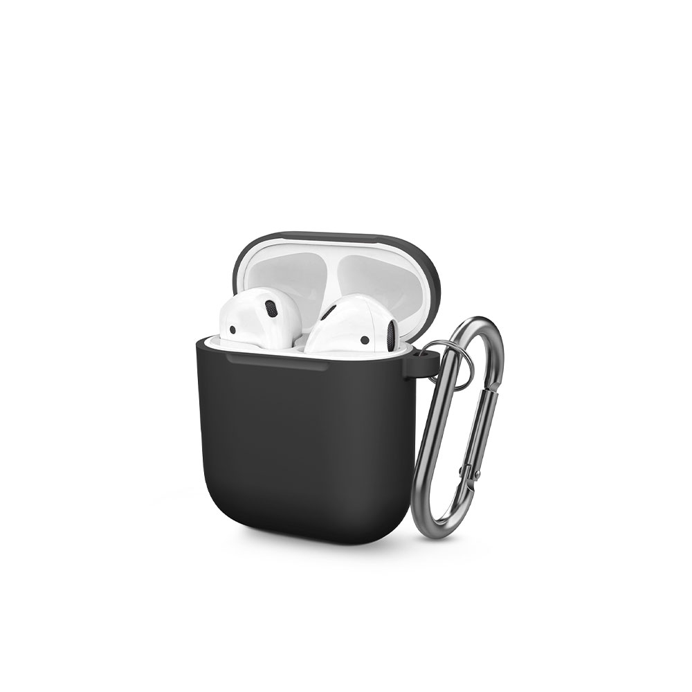 Image of AirPods (1. & 2. Generation) Gummi Schutzhülle Abdeckung mit Karabinerhaken - Schwarz bei Apfelkiste.ch