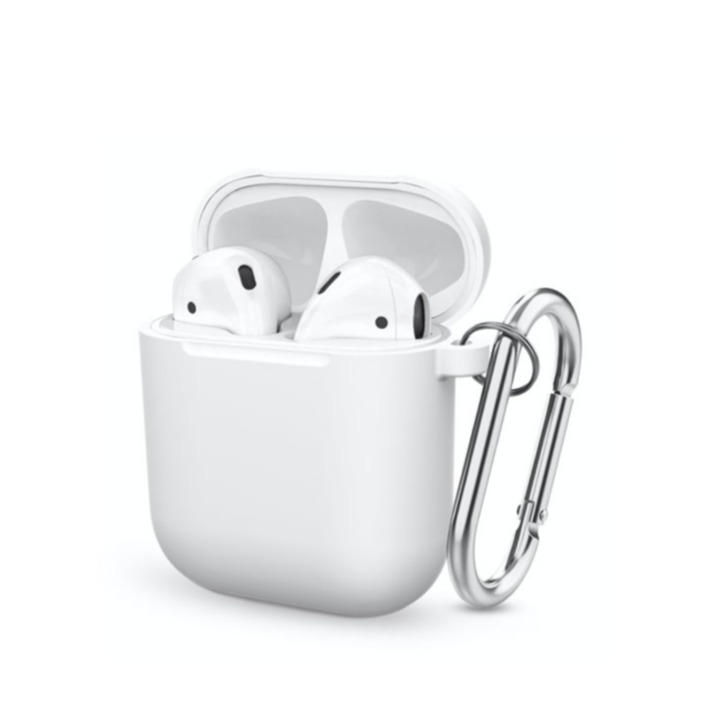 Image of AirPods (1. & 2. Generation) Gummi Schutzhülle Abdeckung mit Karabinerhaken - Weiss bei Apfelkiste.ch