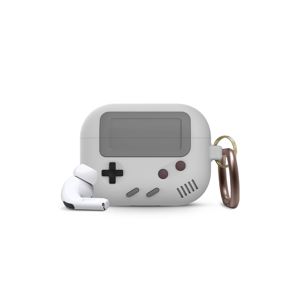 Image of AirPods Pro Gummi Schutzhülle Retro Spielekonsole Abdeckung mit Karabinerhaken - Grau bei Apfelkiste.ch