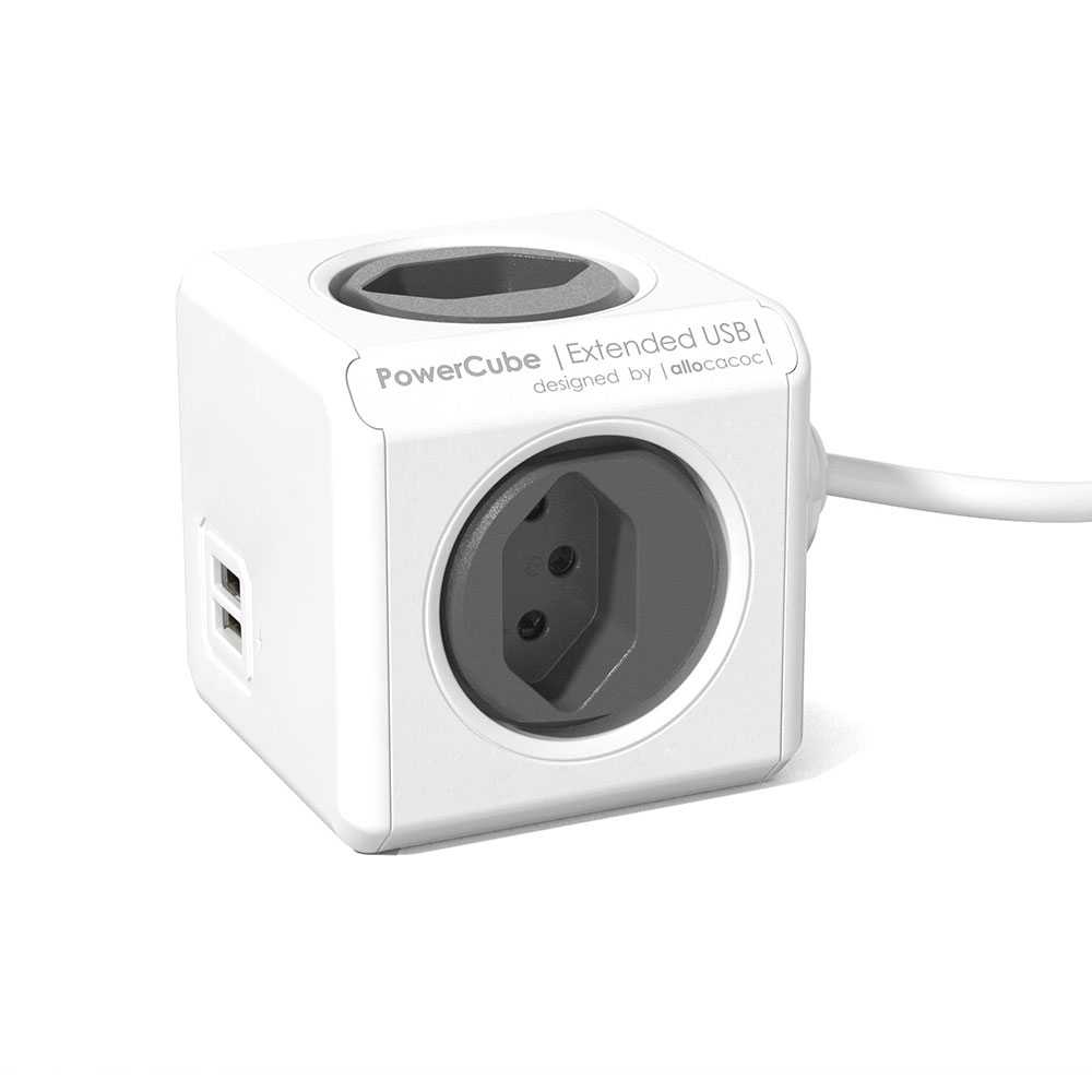 Image of Allocacoc - (3m) PowerCube Extended 4-fach Mehrfachstecker T13 Schweiz 3-polig / 2x USB Anschluss (66.7894GY) - Weiss bei Apfelkiste.ch