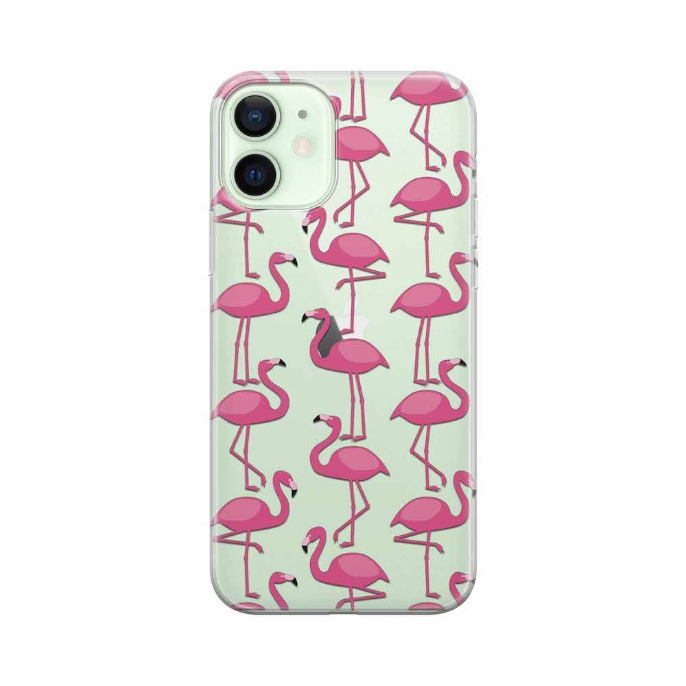 Image of Apfelkiste - iPhone 12 Gummi Schutzhülle Pinke Flamingos - Transparent bei Apfelkiste.ch
