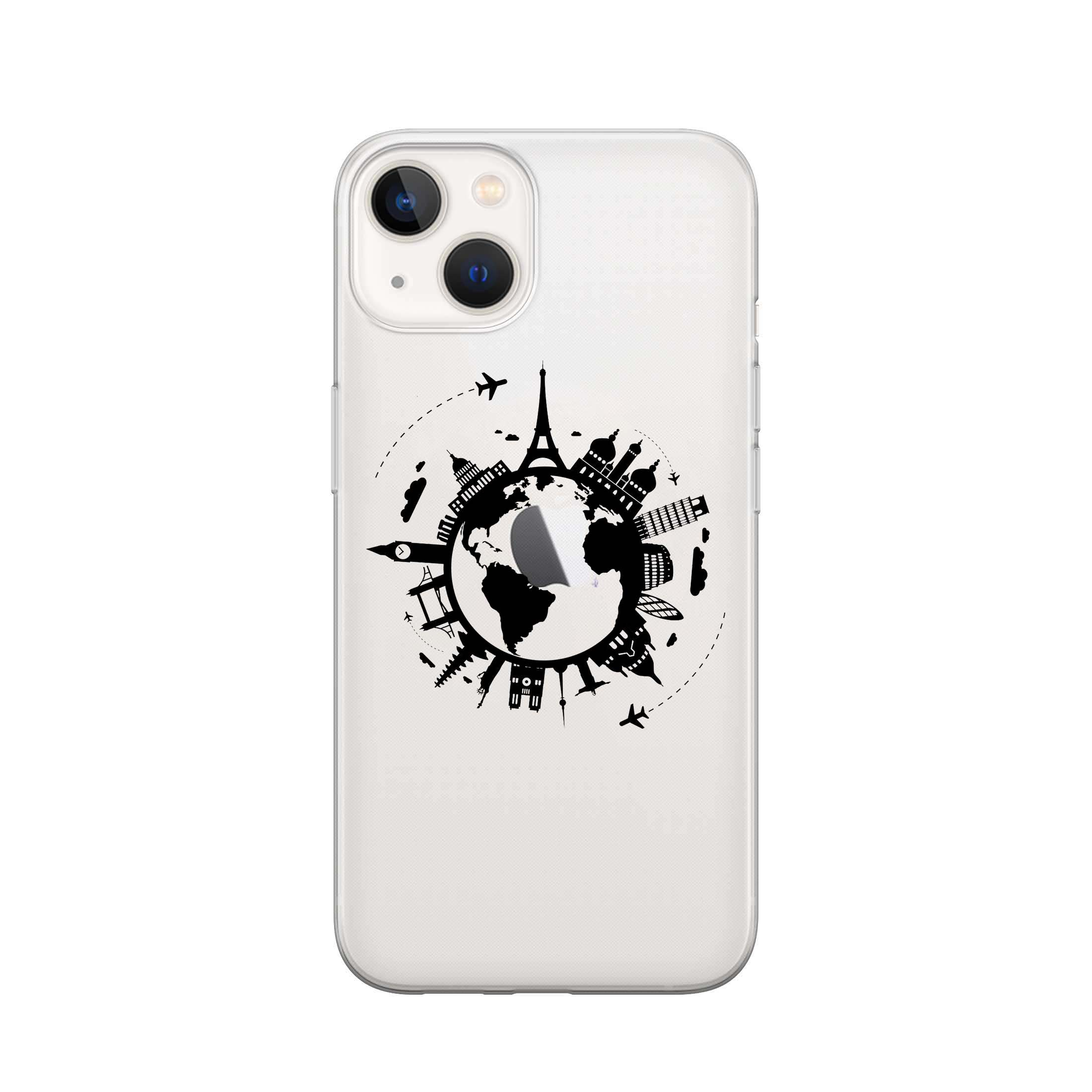 Image of Apfelkiste - iPhone 13 Gummi Schutzhülle Travel The World - Schwarz / Transparent bei Apfelkiste.ch