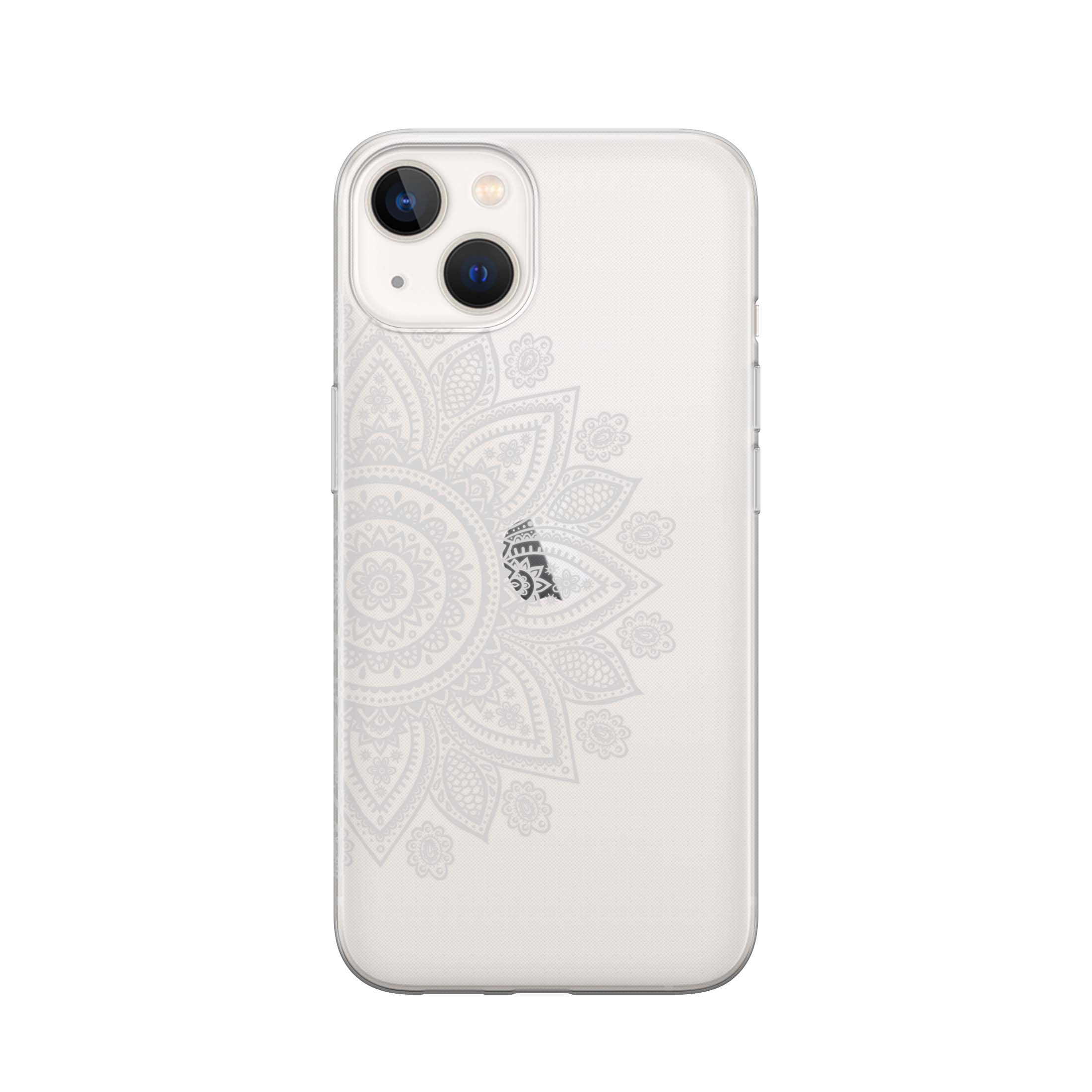 Image of Apfelkiste - iPhone 13 Mini Gummi Schutzhülle Mandala Print - Transparent / Weiss bei Apfelkiste.ch