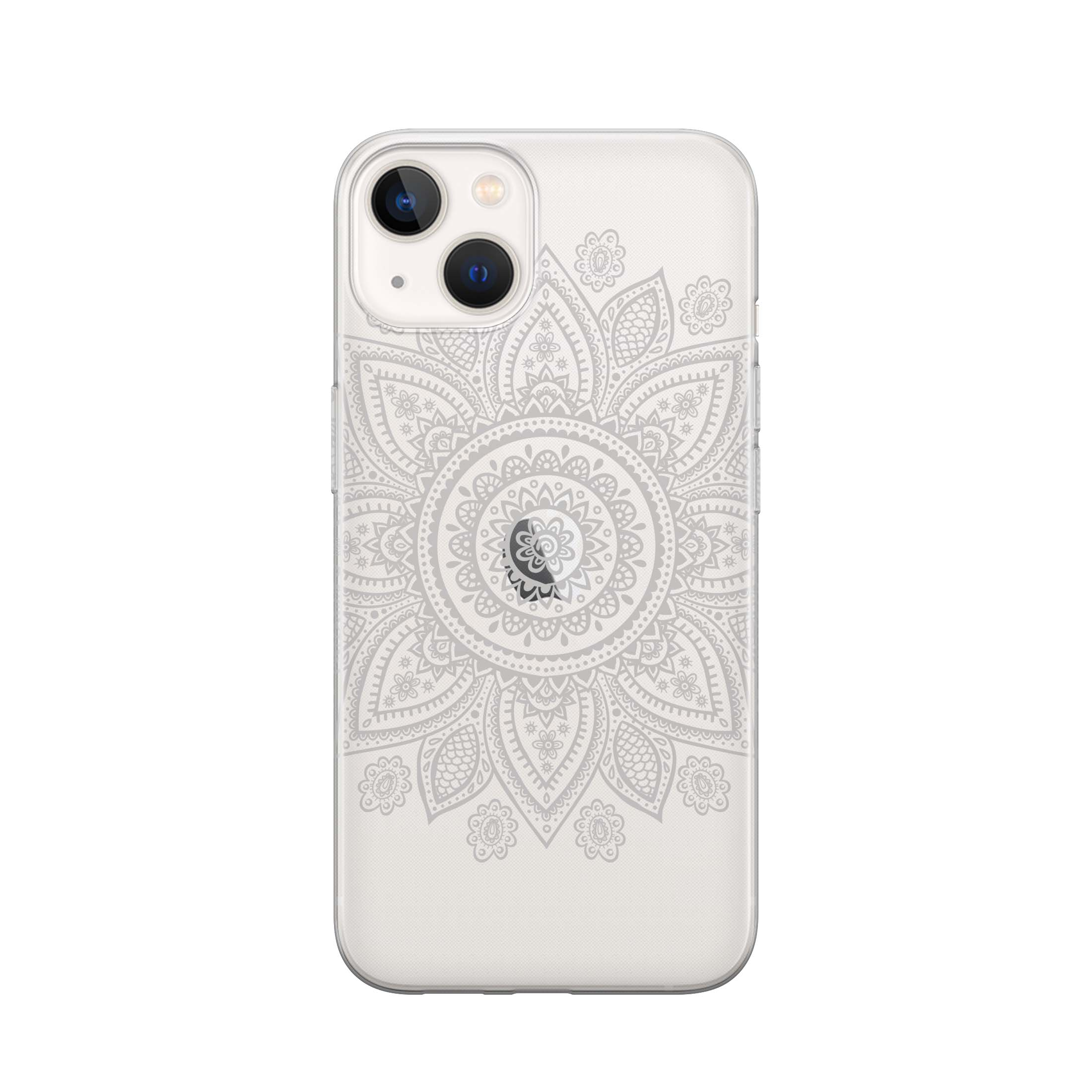 Image of Apfelkiste - iPhone 13 Mini Gummi Schutzhülle Mandala Style - Transparent / Weiss bei Apfelkiste.ch