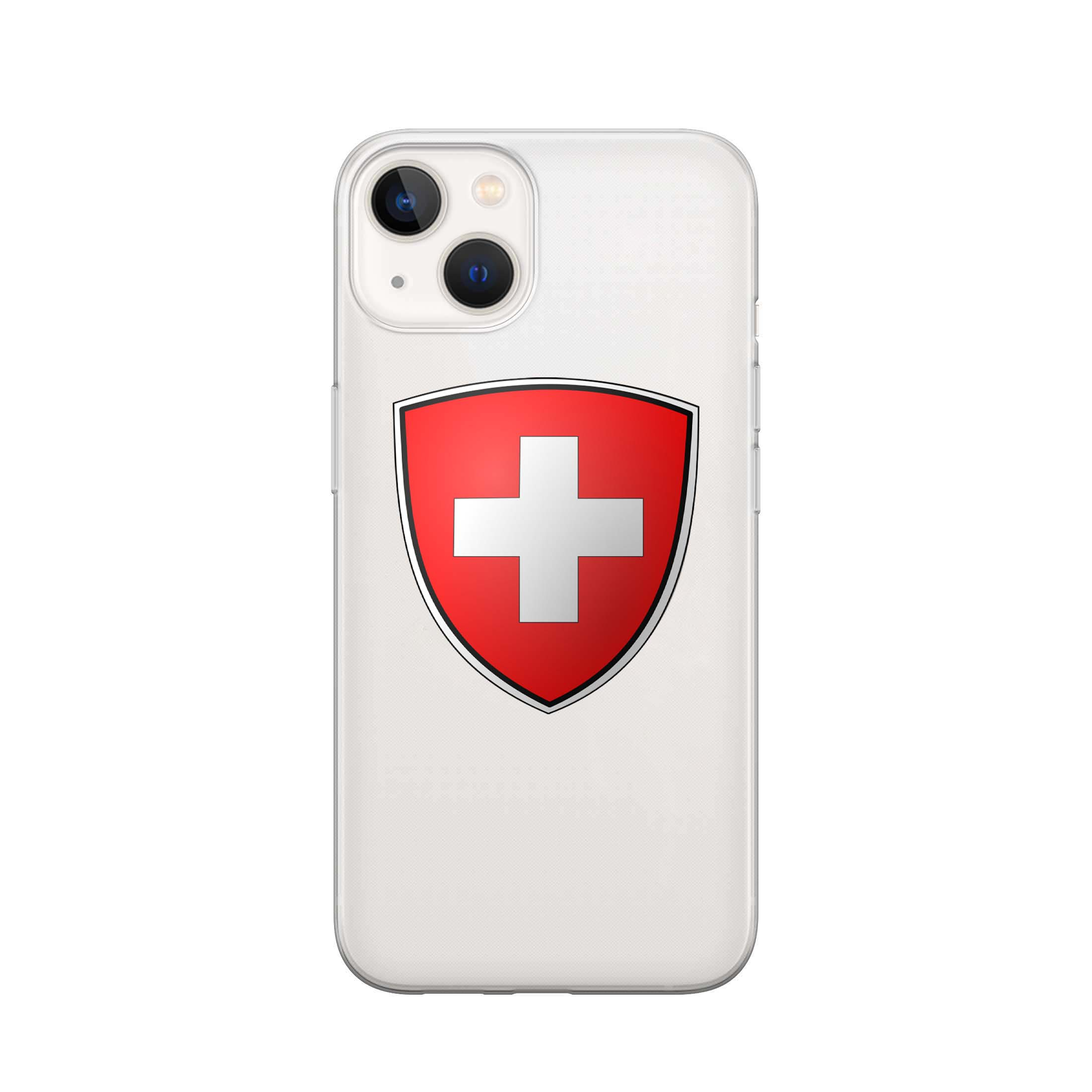 Image of Apfelkiste - iPhone 13 Mini Gummi Schutzhülle Schweizer Kreuz Design 2 - Transparent / Rot bei Apfelkiste.ch