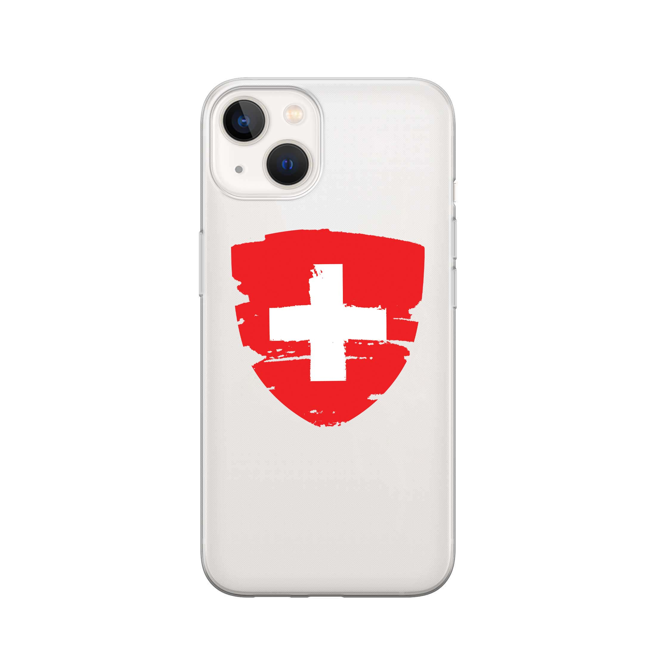 Image of Apfelkiste - iPhone 13 Mini Gummi Schutzhülle Schweizer Kreuz Vintage - Transparent / Rot bei Apfelkiste.ch